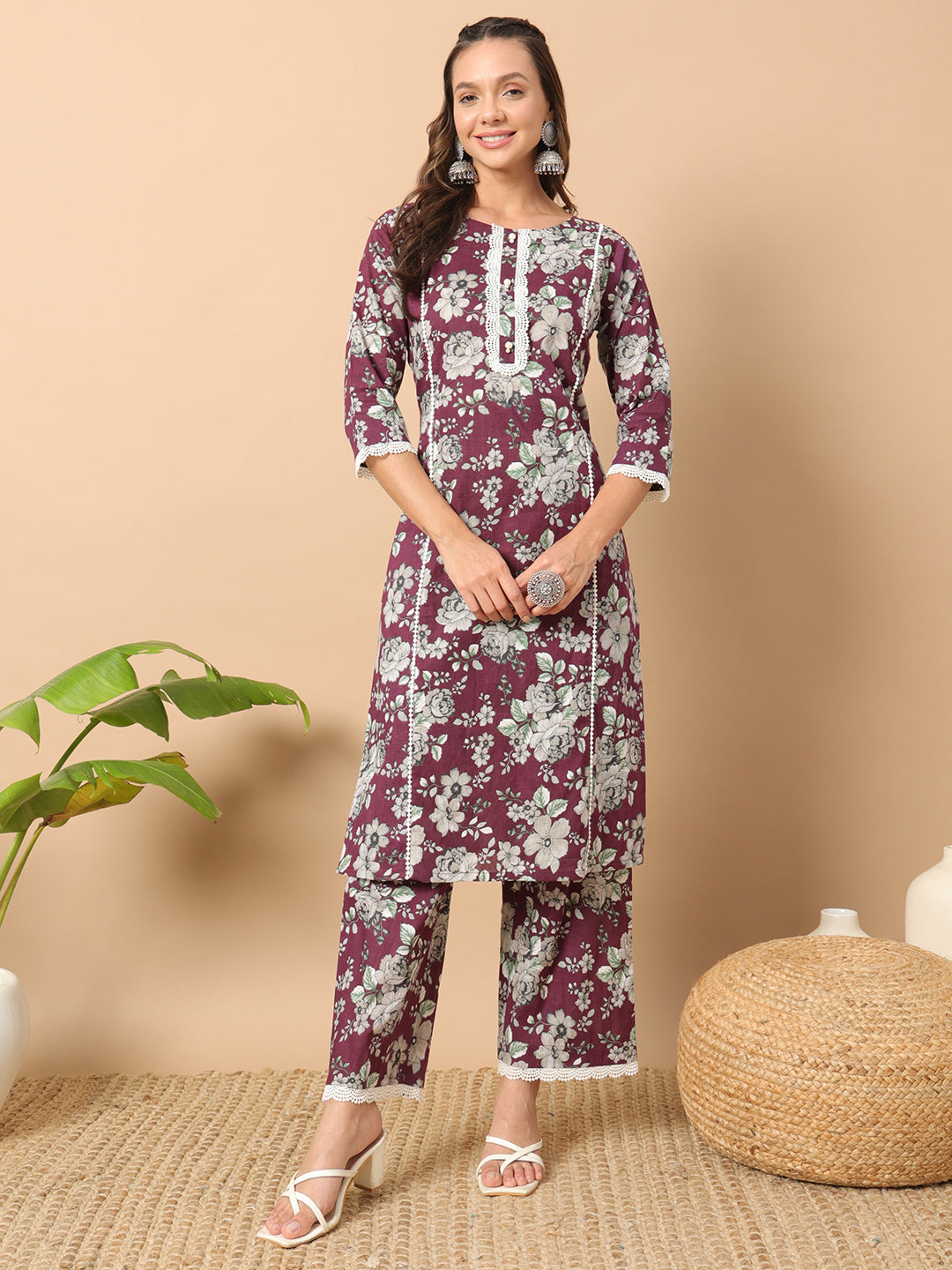 Wine-Cotton-Straight-Kurta-Set