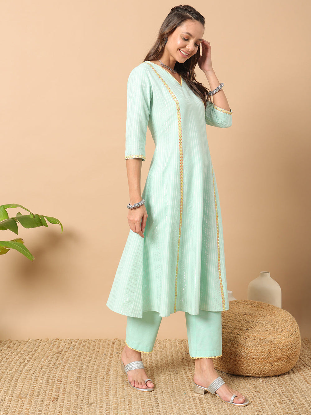 Light-Pista-Green-Lurex-Cotton-A-Line-3-Piece-Kurta-Set