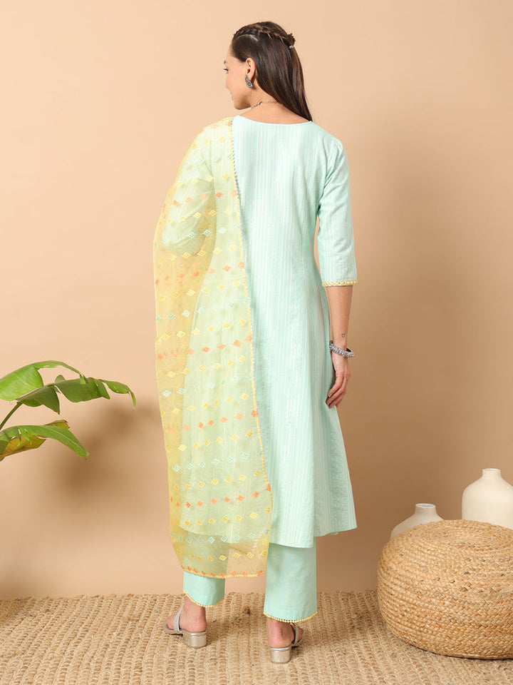 Light-Pista-Green-Lurex-Cotton-A-Line-3-Piece-Kurta-Set