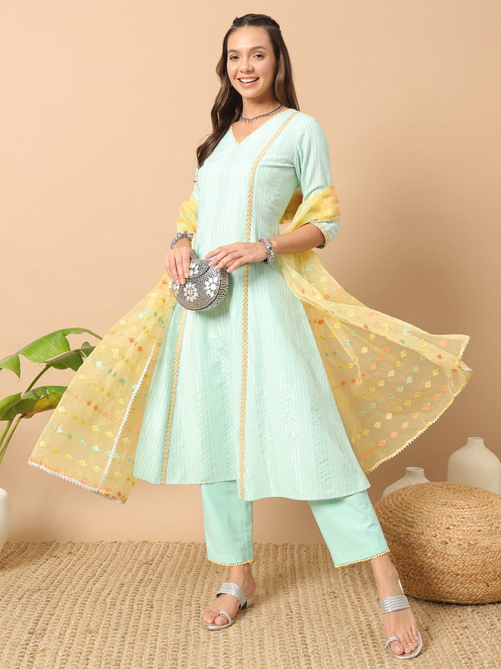 Light-Pista-Green-Lurex-Cotton-A-Line-3-Piece-Kurta-Set