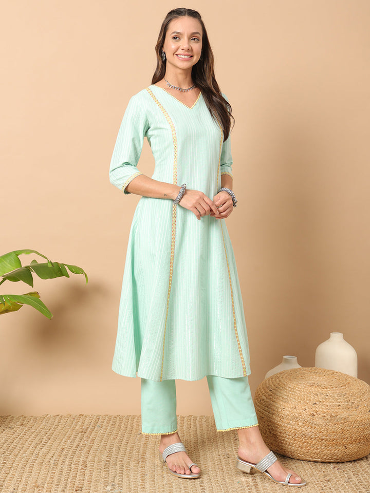 Light-Pista-Green-Lurex-Cotton-A-Line-3-Piece-Kurta-Set