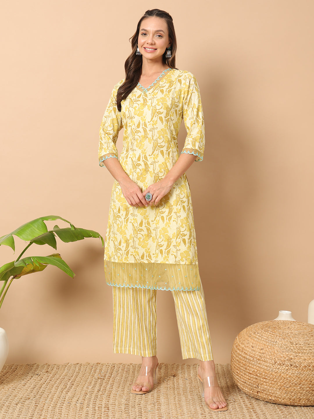 Yellow-Cotton-Leaf-Print-Straight-2-Piece-Kurta-Set