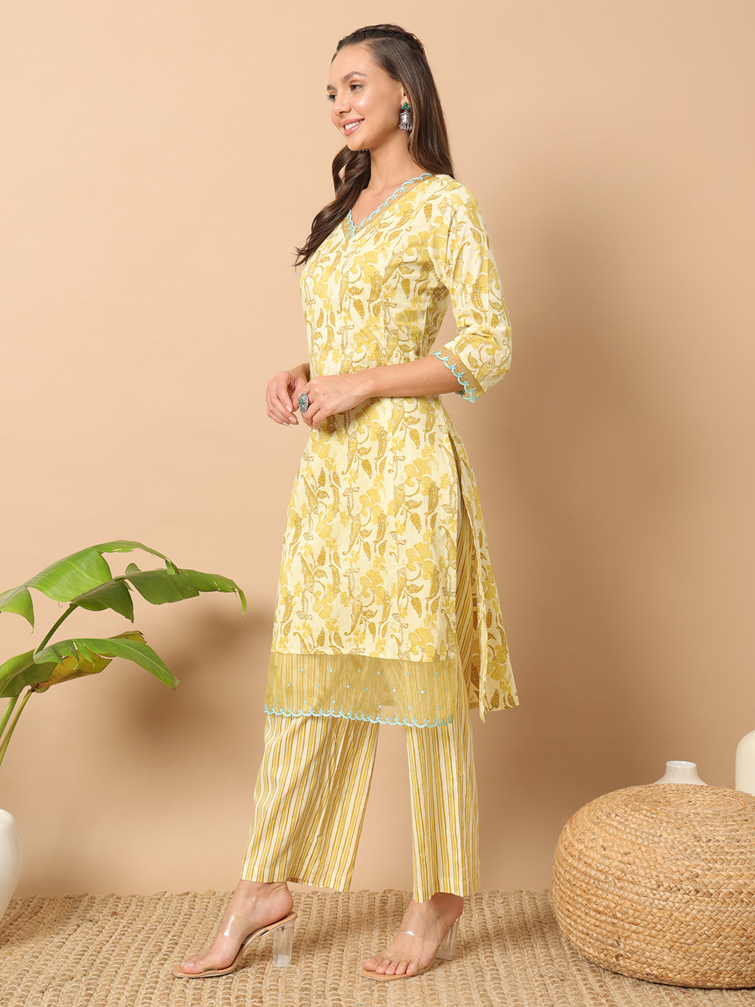 Yellow-Cotton-Leaf-Print-Straight-2-Piece-Kurta-Set