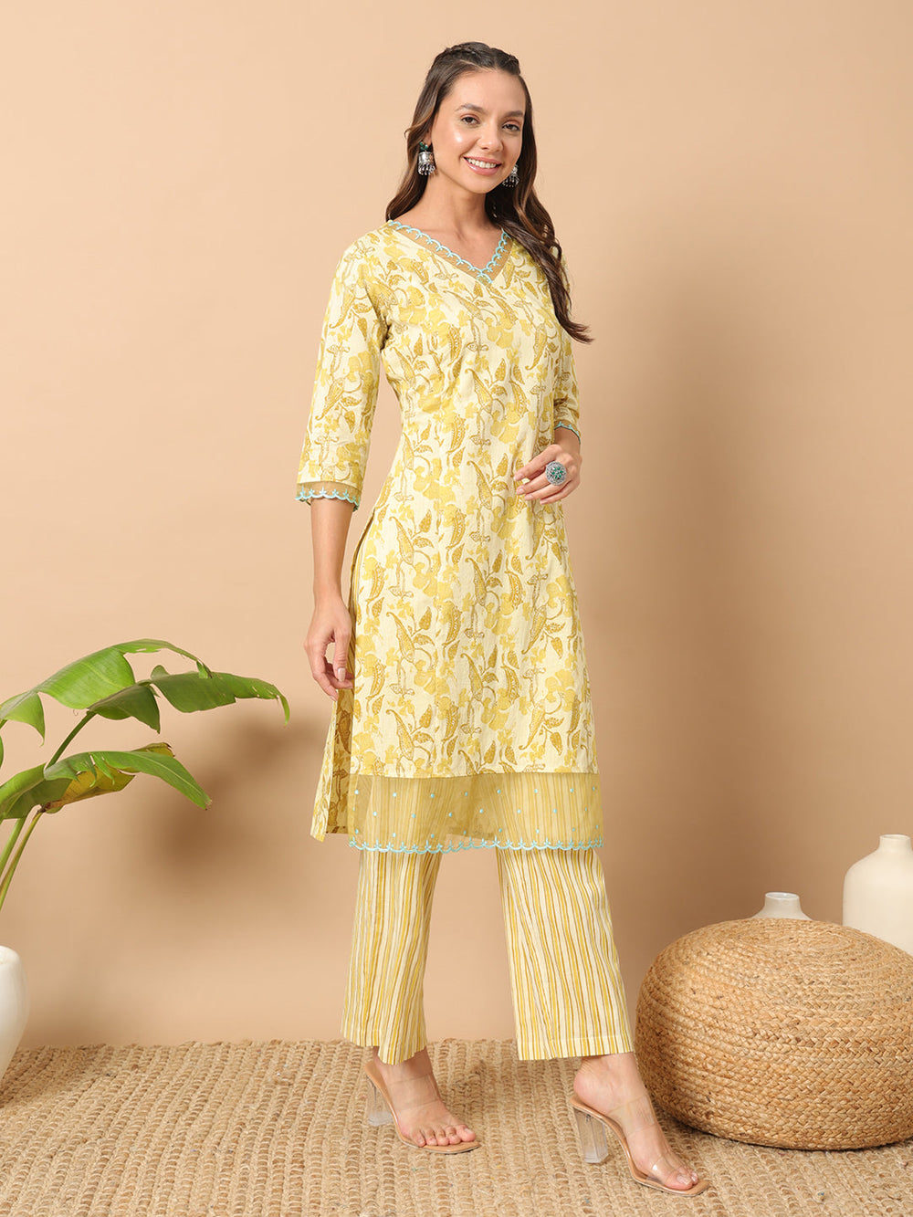 Yellow-Cotton-Leaf-Print-Straight-2-Piece-Kurta-Set