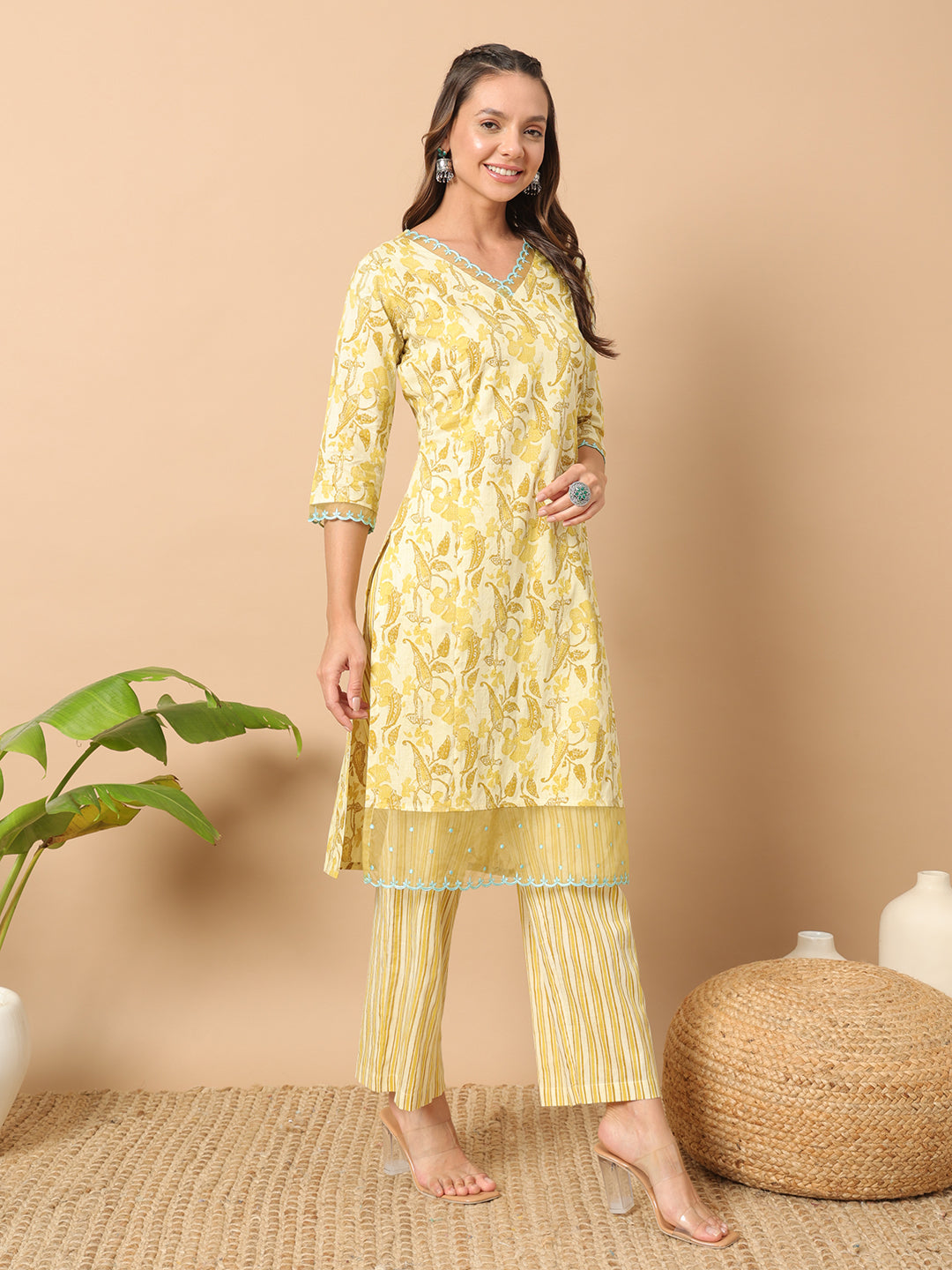Yellow-Cotton-Leaf-Print-Straight-2-Piece-Kurta-Set