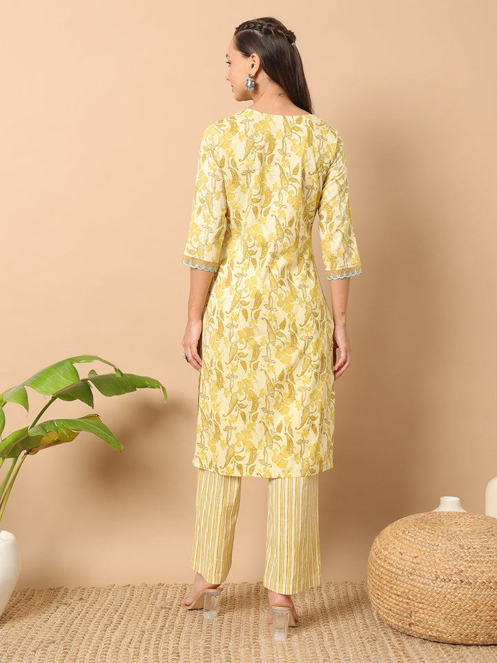 Yellow-Cotton-Leaf-Print-Straight-2-Piece-Kurta-Set