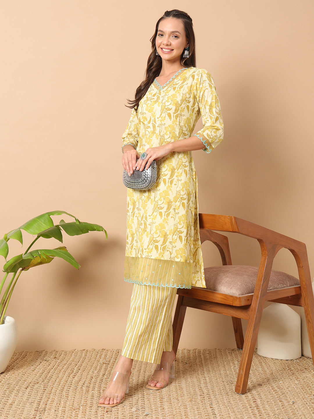 Yellow-Cotton-Leaf-Print-Straight-2-Piece-Kurta-Set