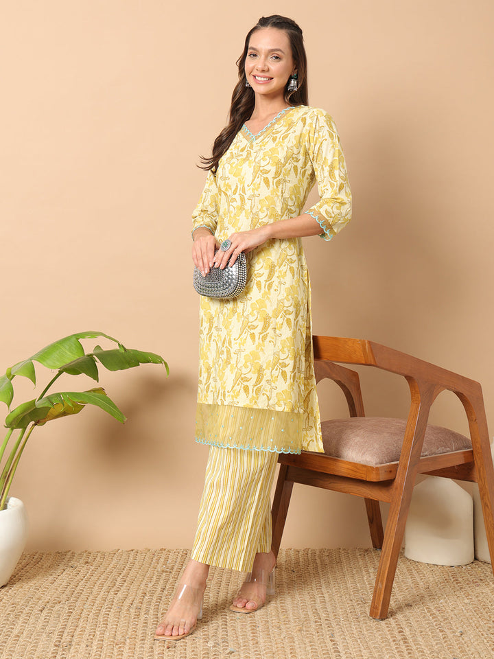 Yellow-Cotton-Leaf-Print-Straight-2-Piece-Kurta-Set