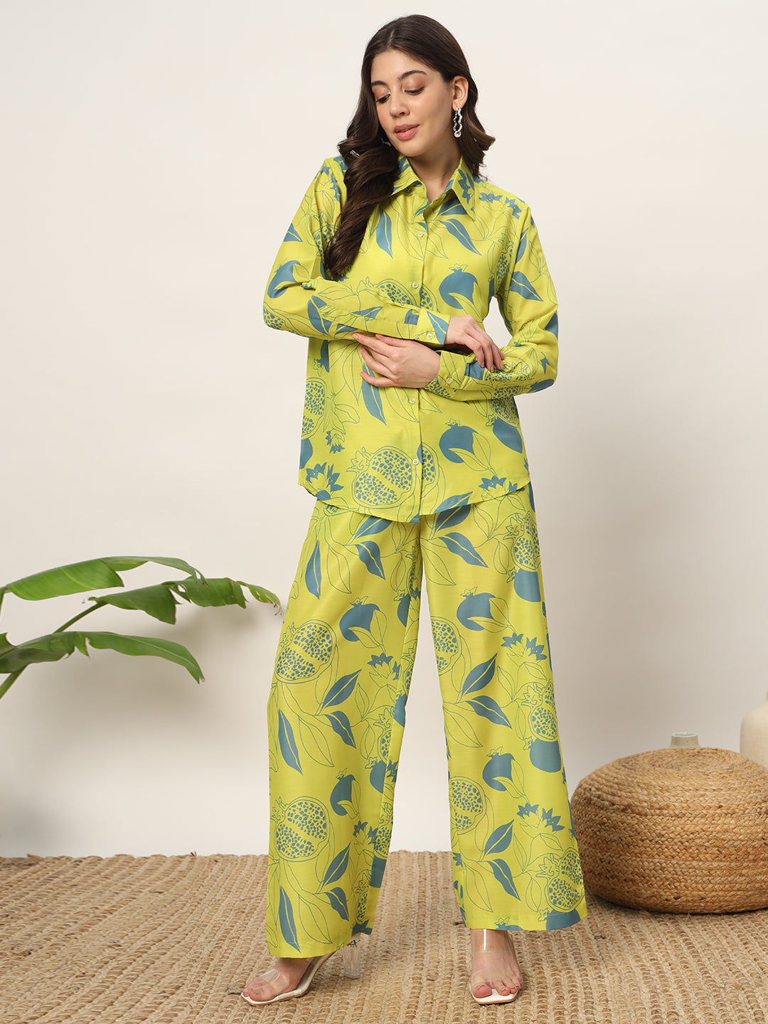 Lime-Green-Cotton-Blend-Printed--Co-Ords-Set
