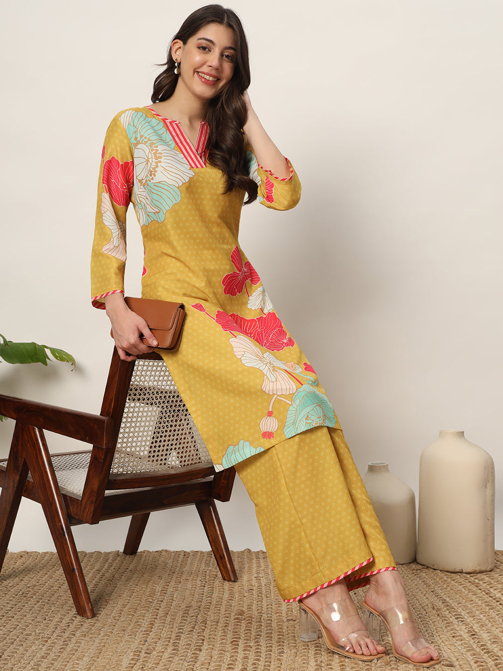 Yellow-Cotton-Blend-Kurta-And-Palazzo-Set
