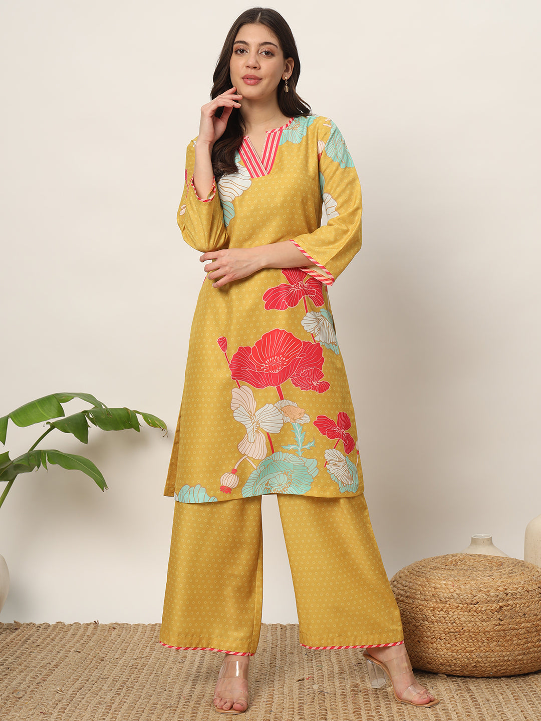 Yellow-Cotton-Blend-Kurta-And-Palazzo-Set