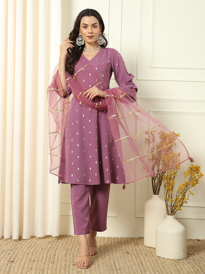 Lavender-Crepe-Foil-Print-Flared-3-Piece-Kurta-Set