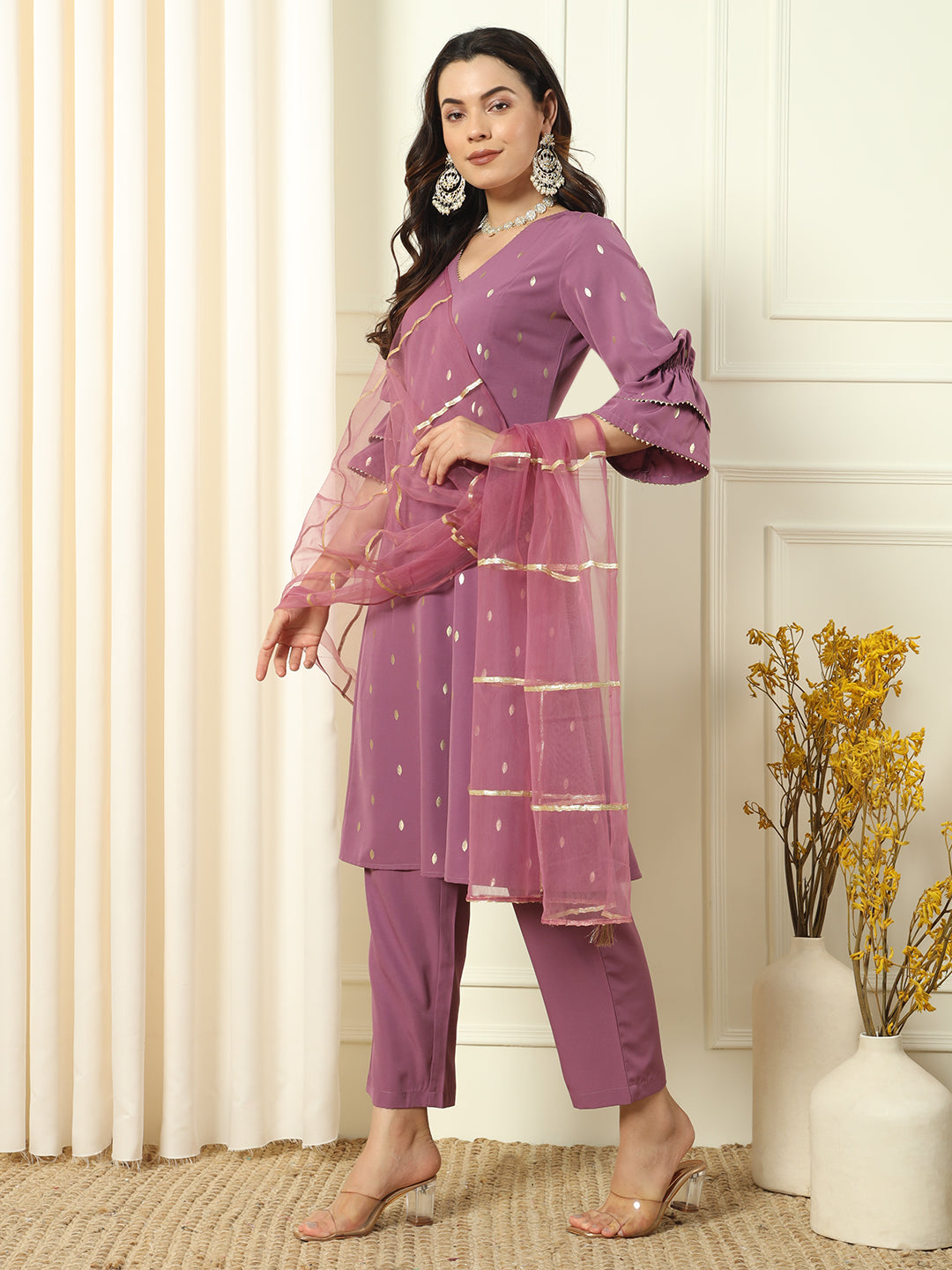 Lavender-Crepe-Foil-Print-Flared-3-Piece-Kurta-Set