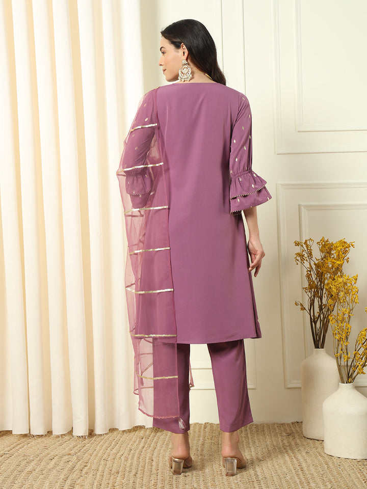 Lavender-Crepe-Foil-Print-Flared-3-Piece-Kurta-Set