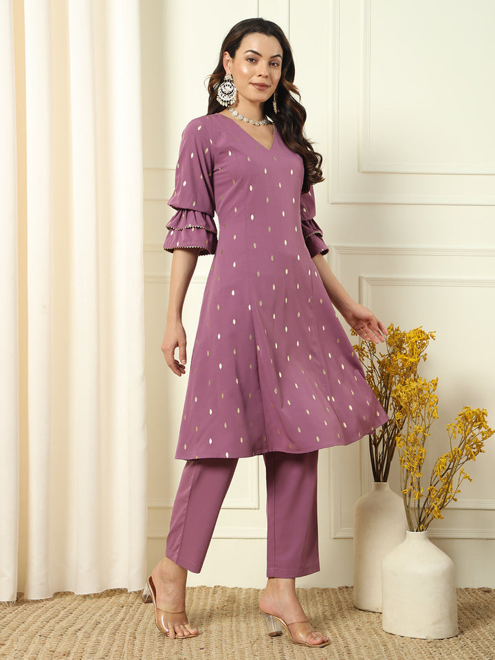 Lavender-Crepe-Foil-Print-Flared-3-Piece-Kurta-Set
