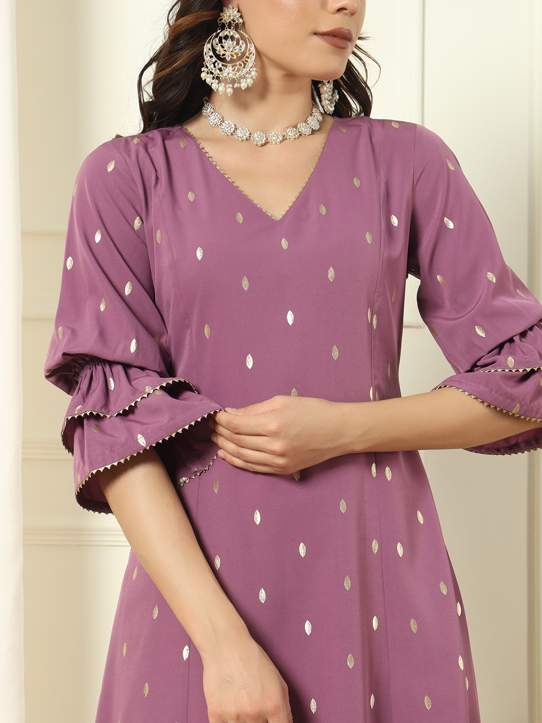 Lavender-Crepe-Foil-Print-Flared-3-Piece-Kurta-Set