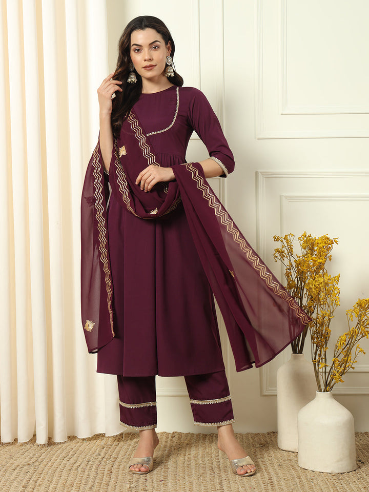 Wine-Crepe-Flared-3-Piece-Kurta-Set