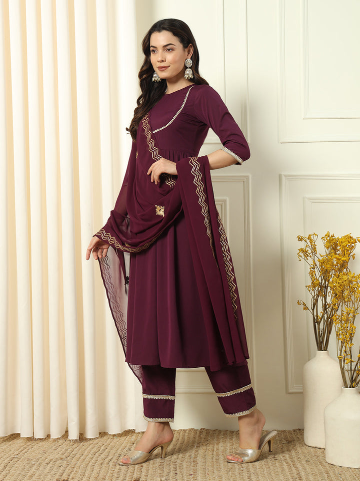 Wine-Crepe-Flared-3-Piece-Kurta-Set