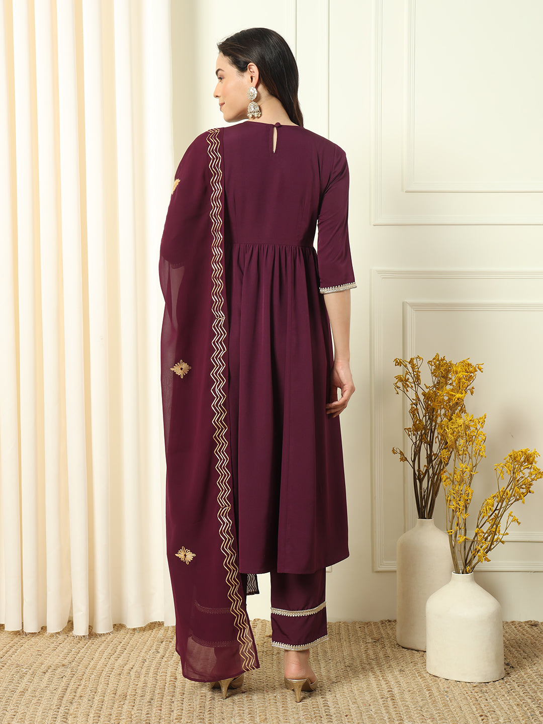 Wine-Crepe-Flared-3-Piece-Kurta-Set