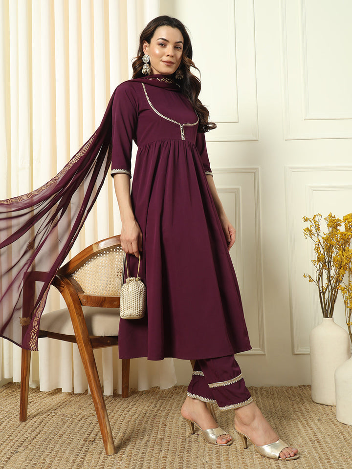 Wine-Crepe-Flared-3-Piece-Kurta-Set