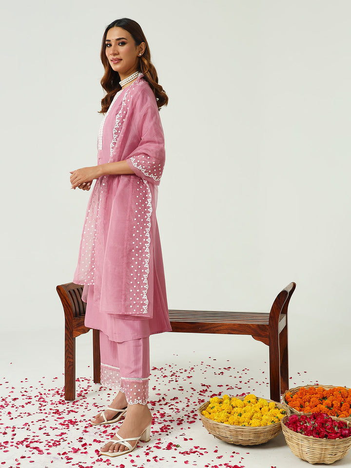 Pink-Silk-Blend-Flared-3-Piece-Kurta-Set
