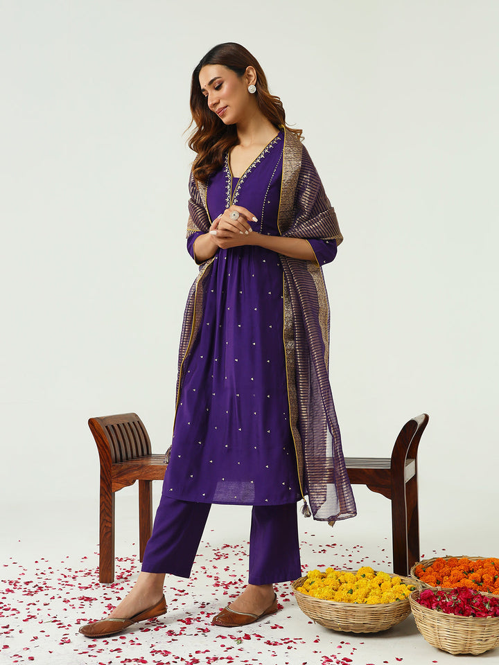 Purple-Chanderi-A-Line-3-Piece-Kurta-Set