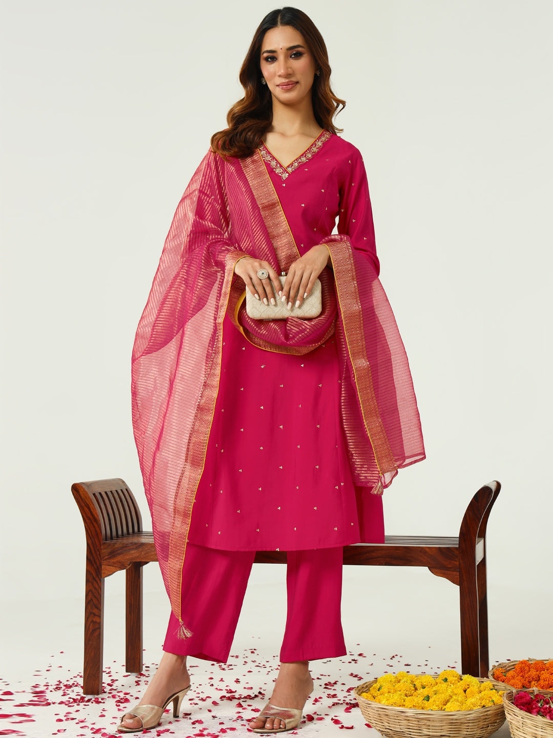 Pink-Chanderi-A-Line-3-Piece-Kurta-Set