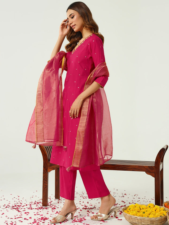 Pink-Chanderi-A-Line-3-Piece-Kurta-Set