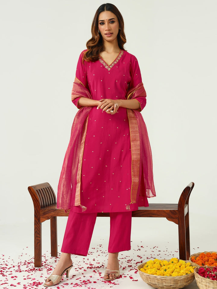 Pink-Chanderi-A-Line-3-Piece-Kurta-Set