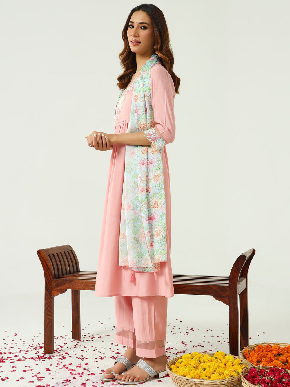Peach-Viscose-Chanderi-A-Line-3-Piece-Kurta-Set
