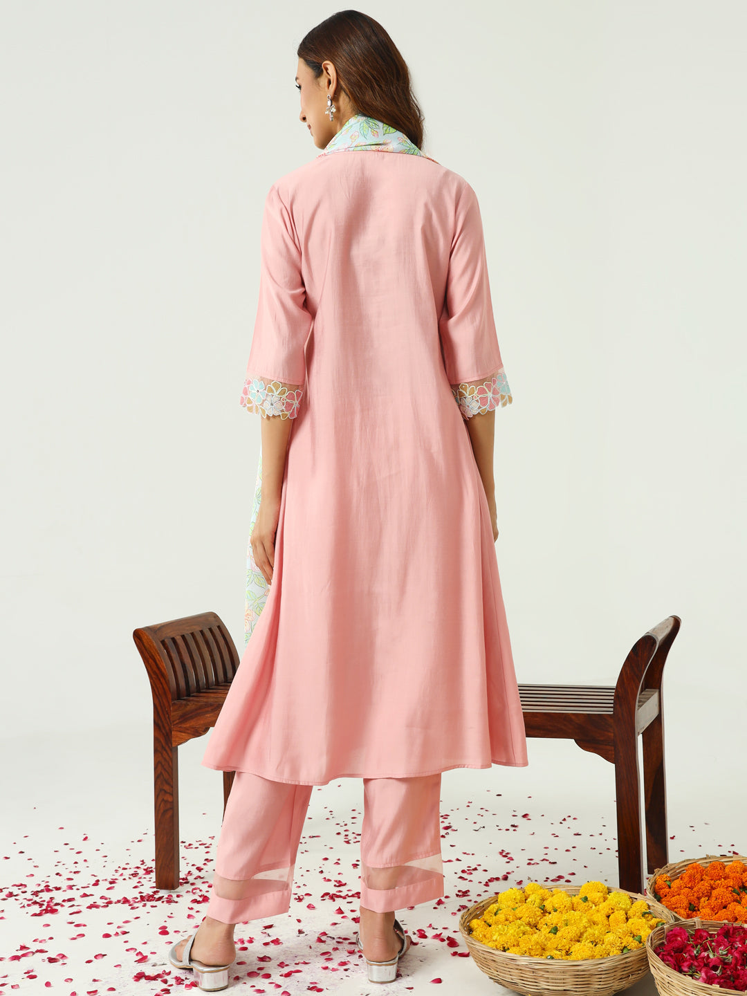 Peach-Viscose-Chanderi-A-Line-3-Piece-Kurta-Set