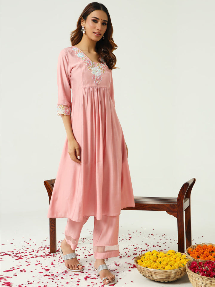 Peach-Viscose-Chanderi-A-Line-3-Piece-Kurta-Set