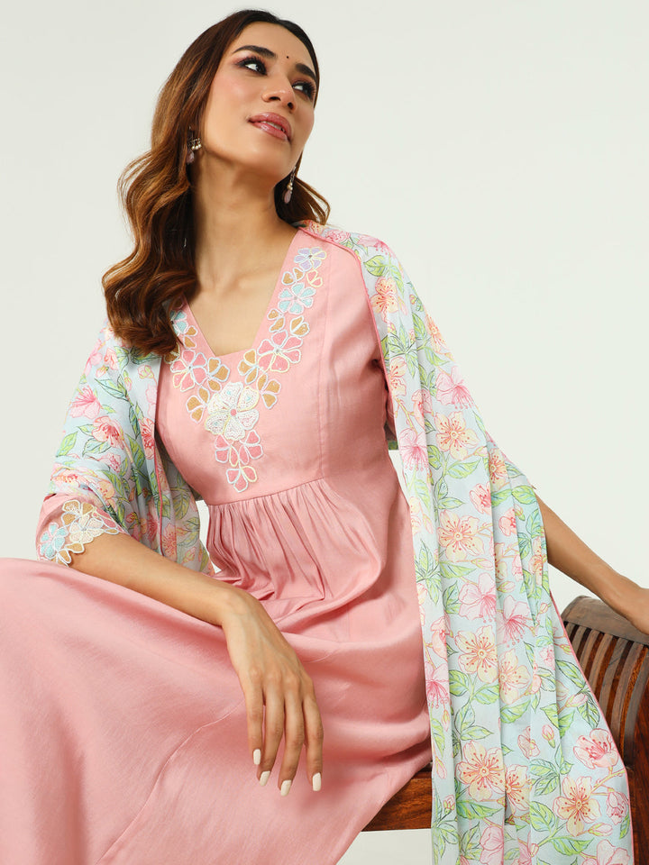 Peach-Viscose-Chanderi-A-Line-3-Piece-Kurta-Set