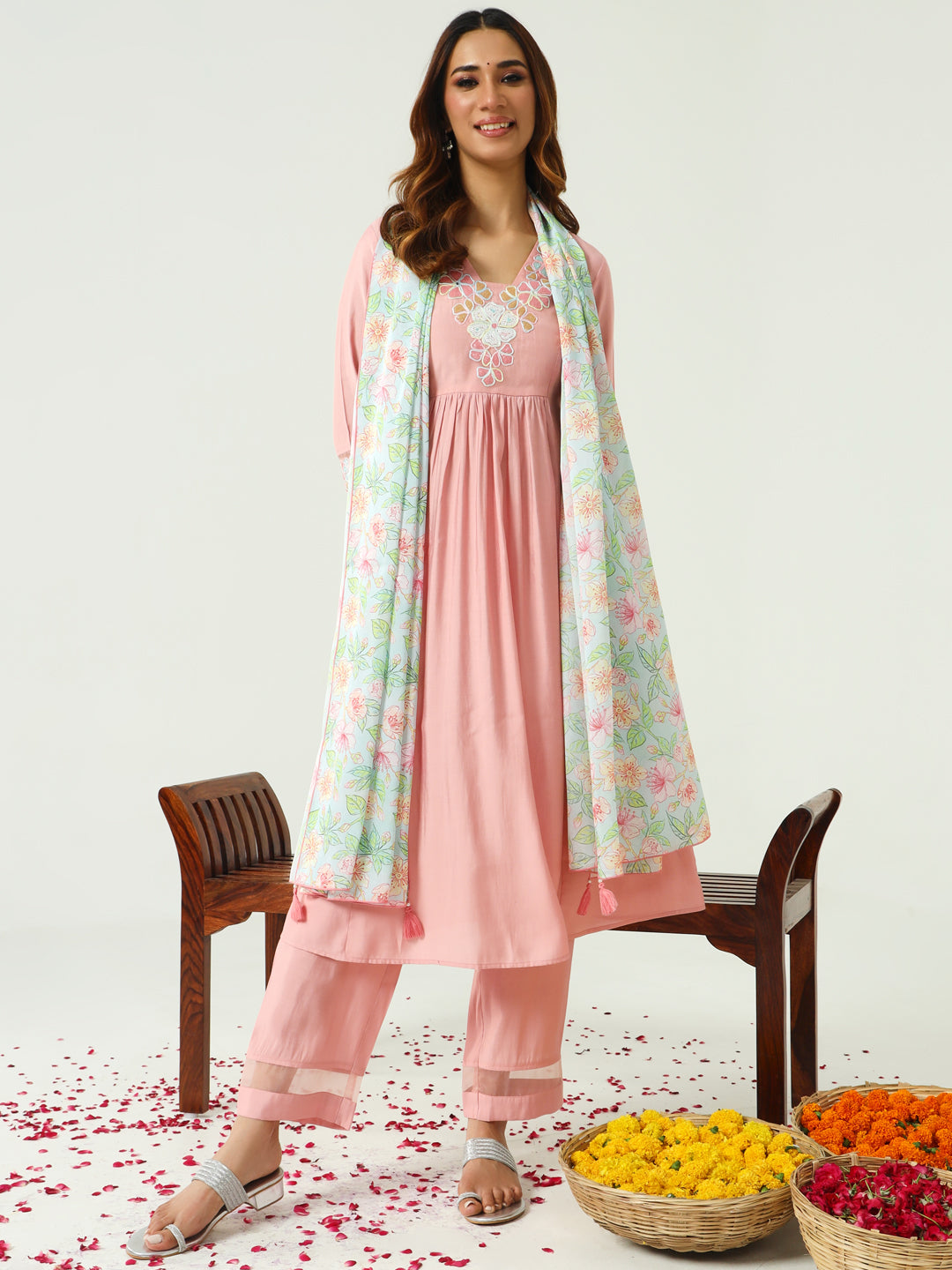 Peach-Viscose-Chanderi-A-Line-3-Piece-Kurta-Set