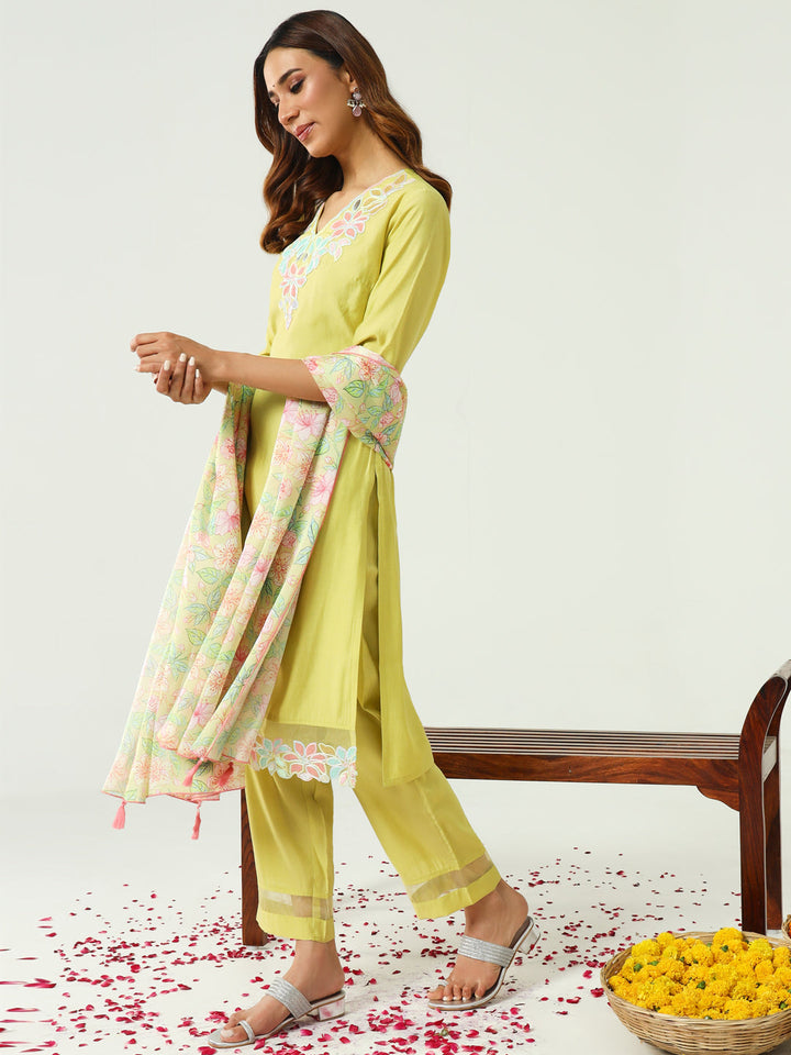 Yellow-Viscose-Chanderi-Straight-3-Piece-Kurta-Set