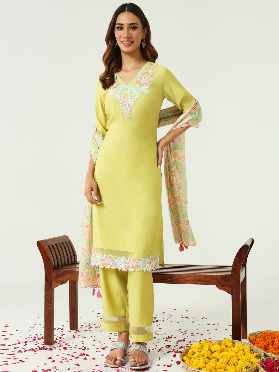 Yellow-Viscose-Chanderi-Straight-3-Piece-Kurta-Set