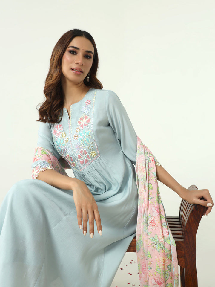 Sky-Blue-Viscose-Chanderi-A-Line-3-Piece-Kurta-Set