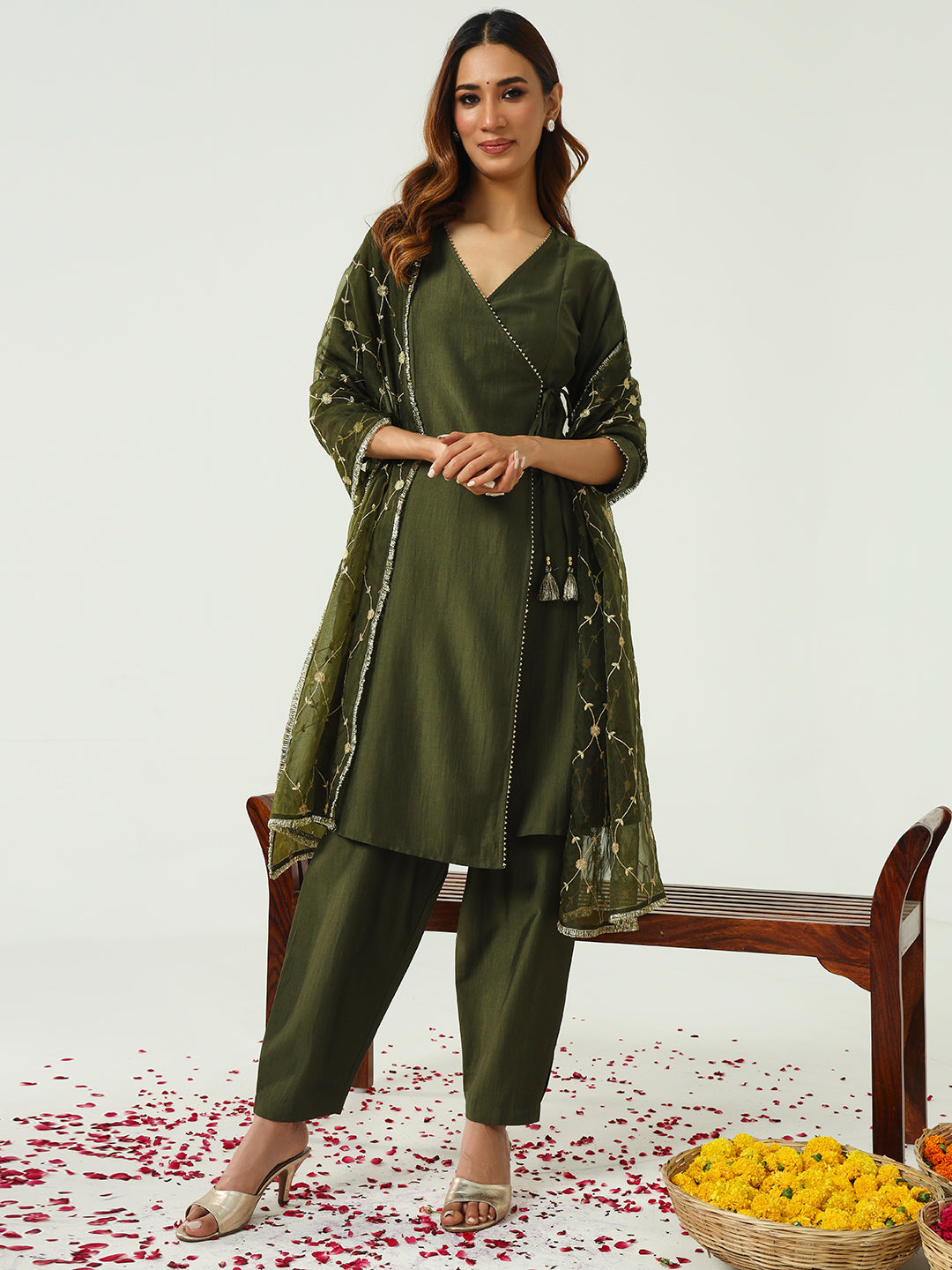 Green-Silk-Blend-Angrakha-3-Piece-Kurta-Set