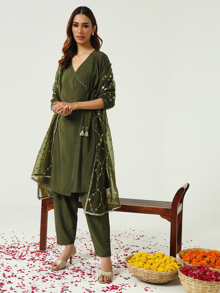 Green-Silk-Blend-Angrakha-3-Piece-Kurta-Set