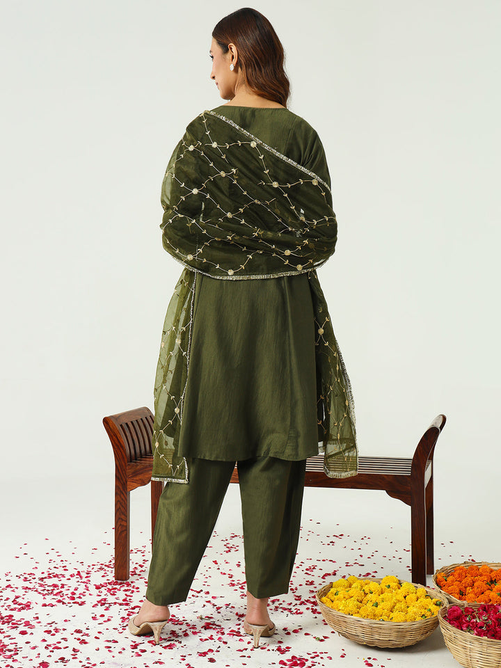 Green-Silk-Blend-Angrakha-3-Piece-Kurta-Set