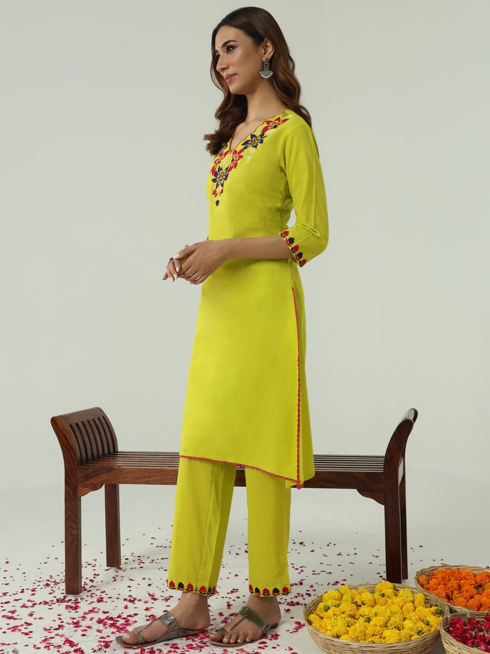 Lime-Yellow-Cotton-Flared-2-Piece-Kurta-Set