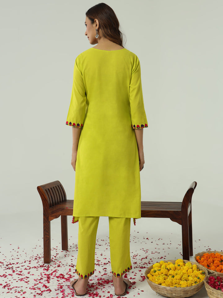Lime-Yellow-Cotton-Flared-2-Piece-Kurta-Set