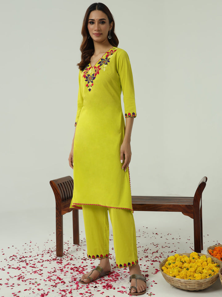 Lime-Yellow-Cotton-Flared-2-Piece-Kurta-Set