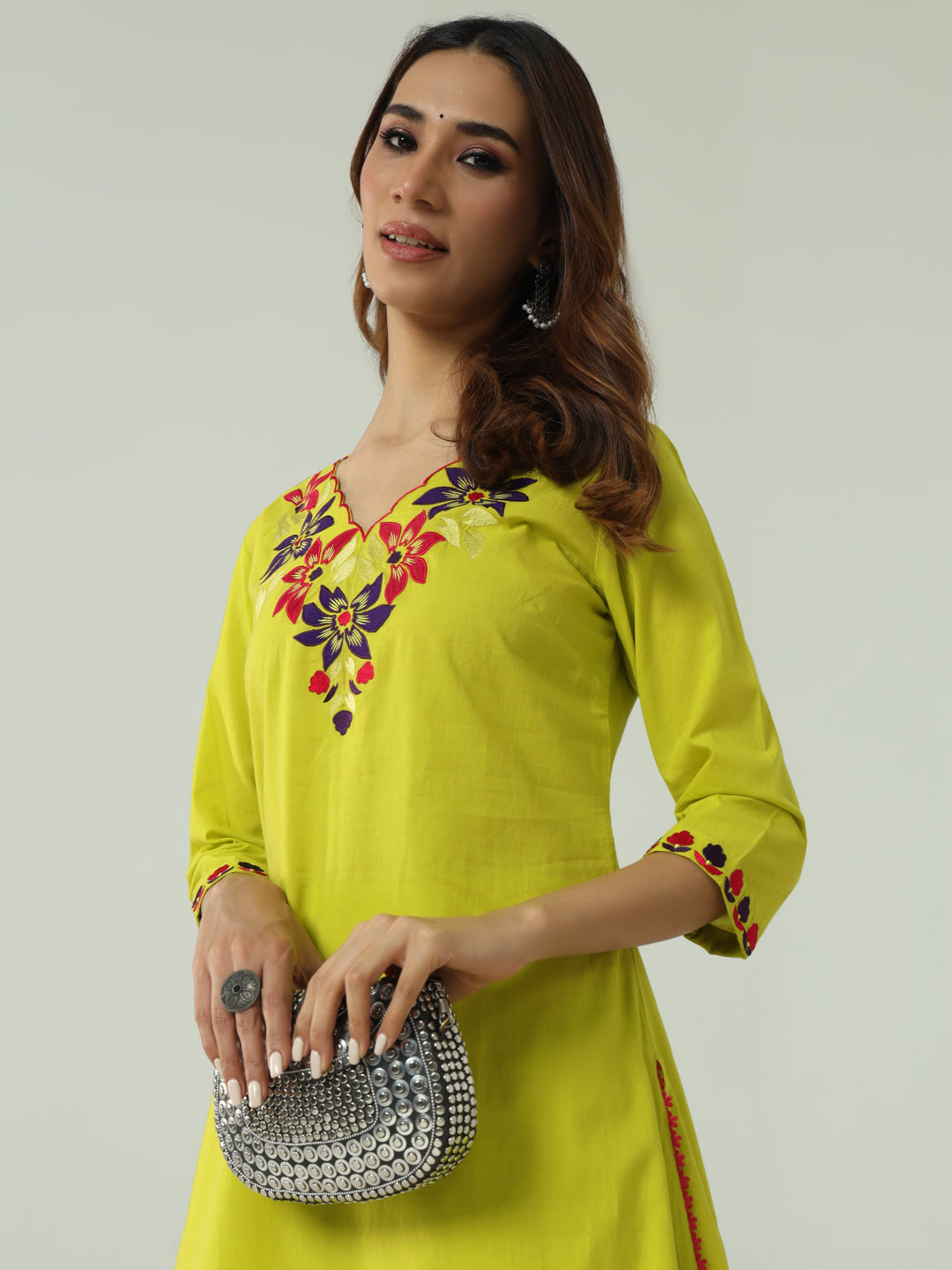Lime-Yellow-Cotton-Flared-2-Piece-Kurta-Set