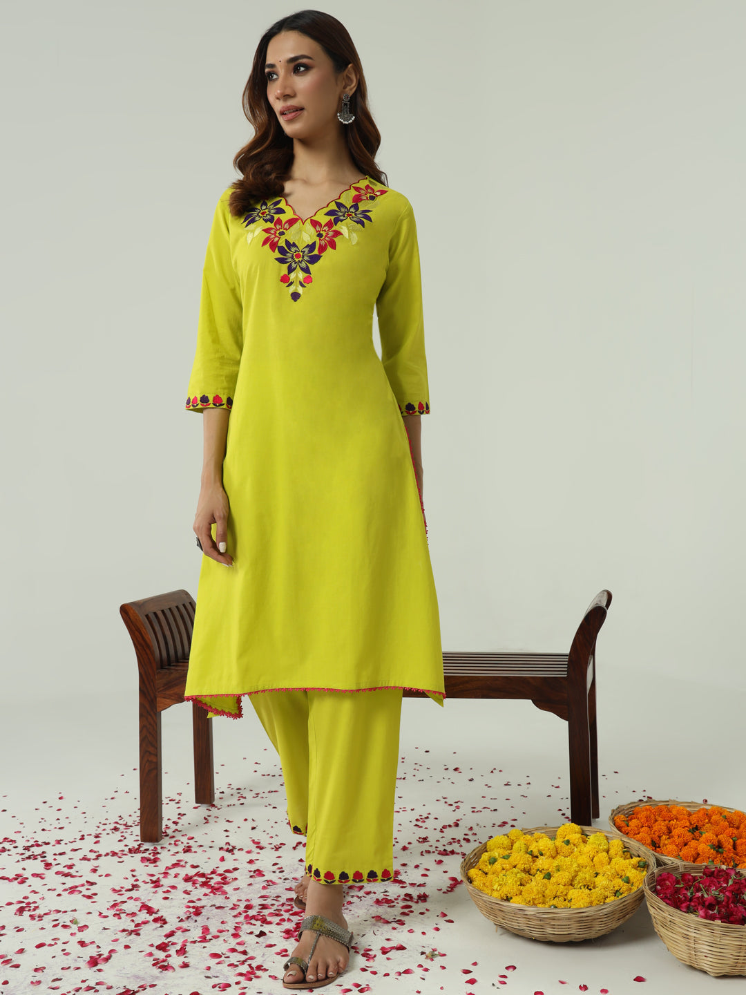 Lime-Yellow-Cotton-Flared-2-Piece-Kurta-Set