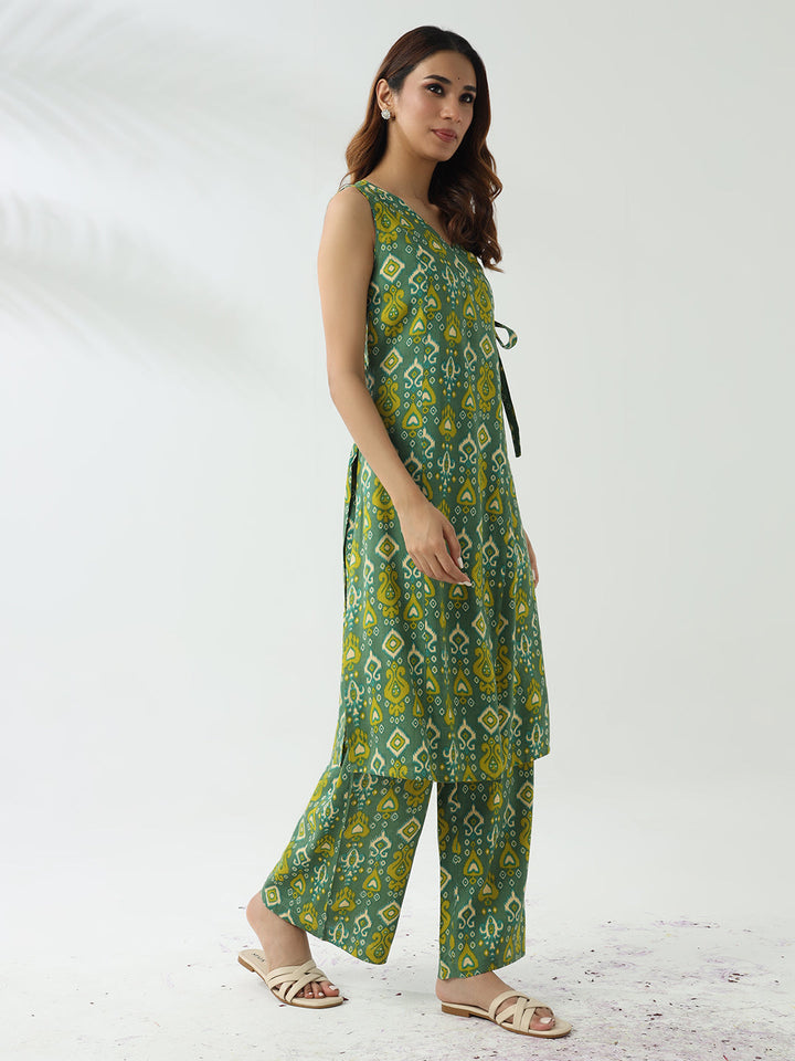 Green-Cotton-Straight-Kurta-And-Palazzo-Set