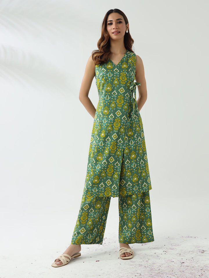 Green-Cotton-Straight-Kurta-And-Palazzo-Set