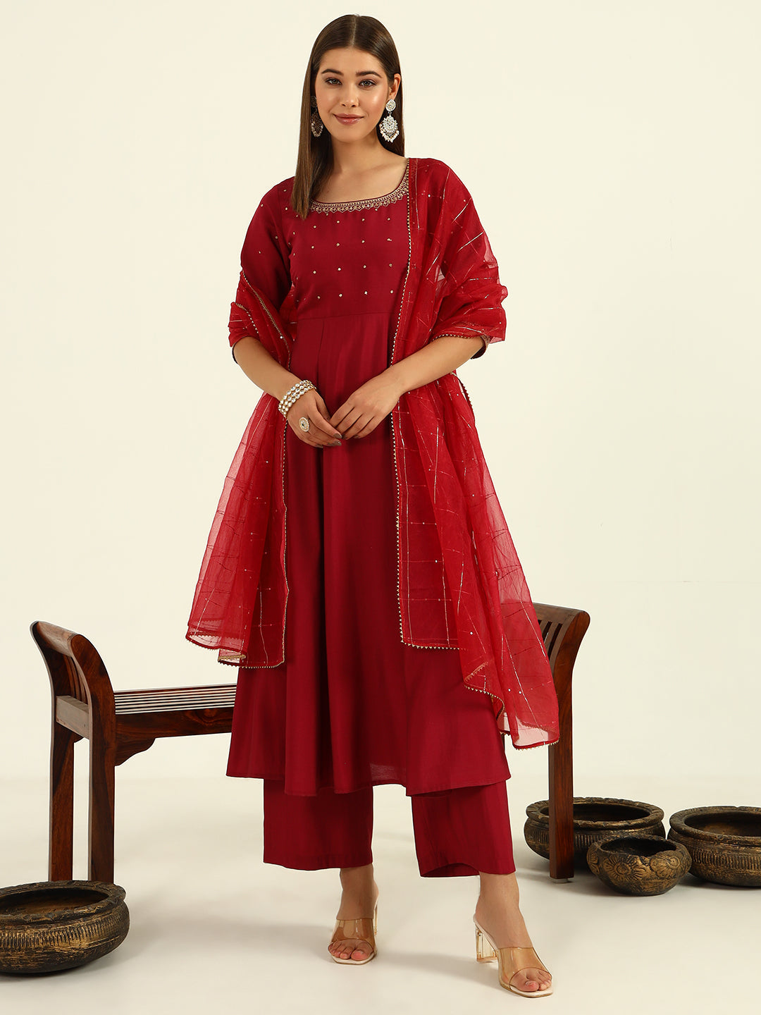 Maroon-Viscose-Chanderi-A-Line-3-Piece-Kurta-Set