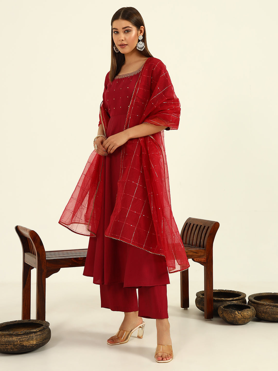 Maroon-Viscose-Chanderi-A-Line-3-Piece-Kurta-Set