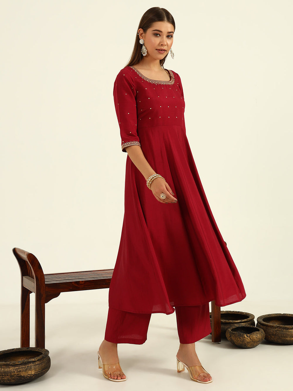 Maroon-Viscose-Chanderi-A-Line-3-Piece-Kurta-Set